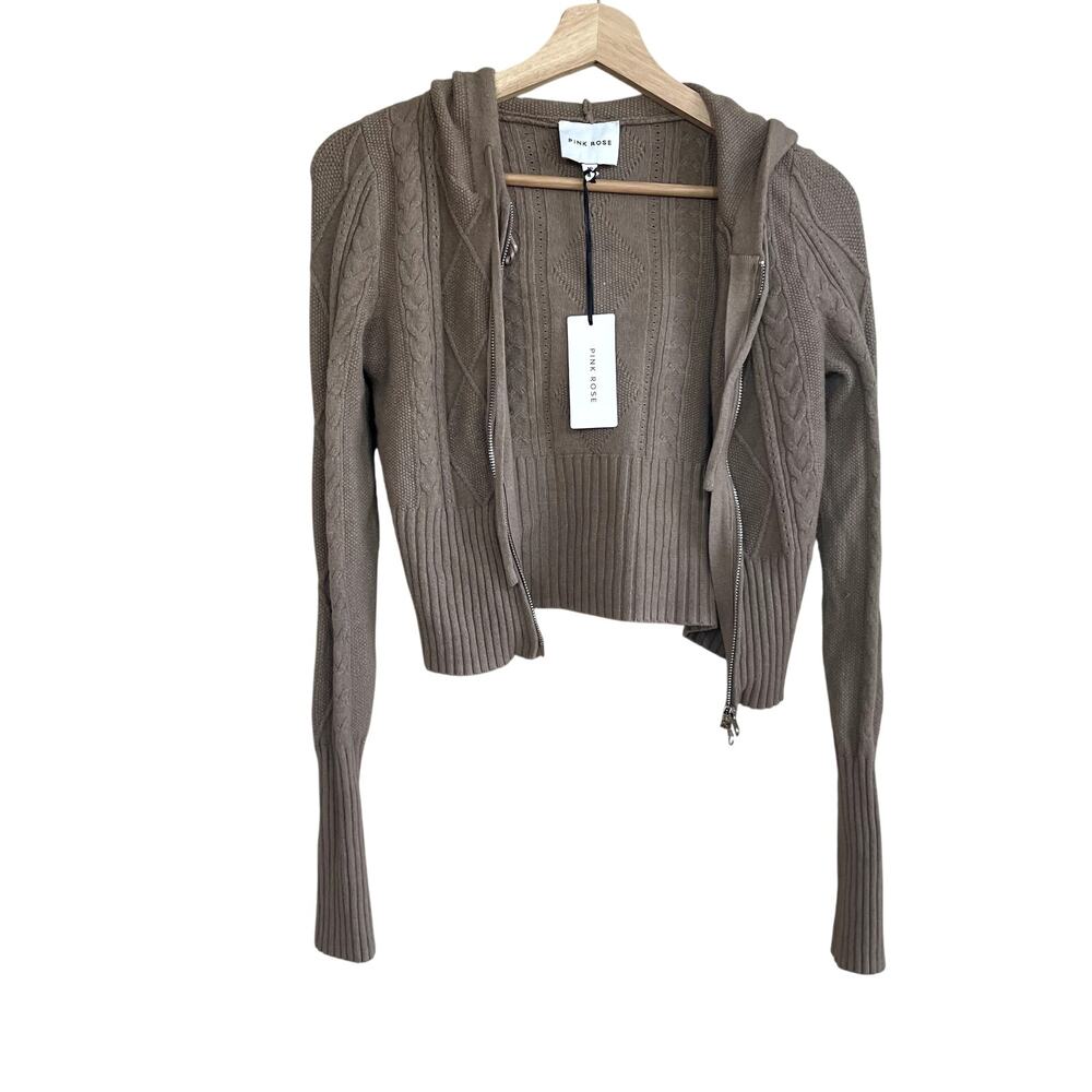NWT pink rose portobella cropped hooded full zip knit sweater beige women's M